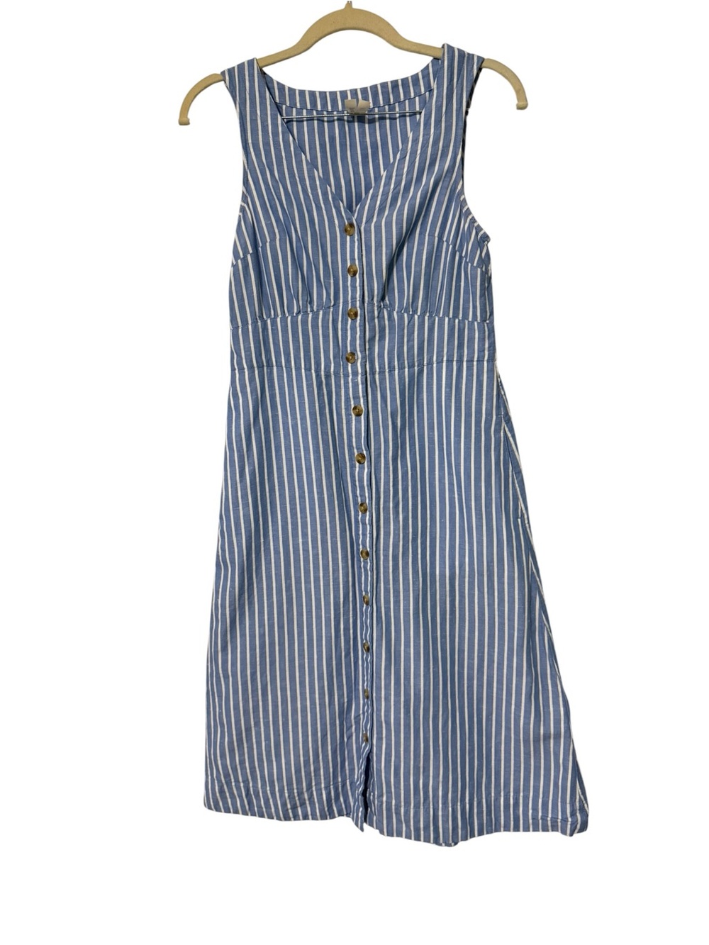 Pact Canopy Linen Blend Striped Button Front Dress Blue White Pockets XS - Picture 2 of 6